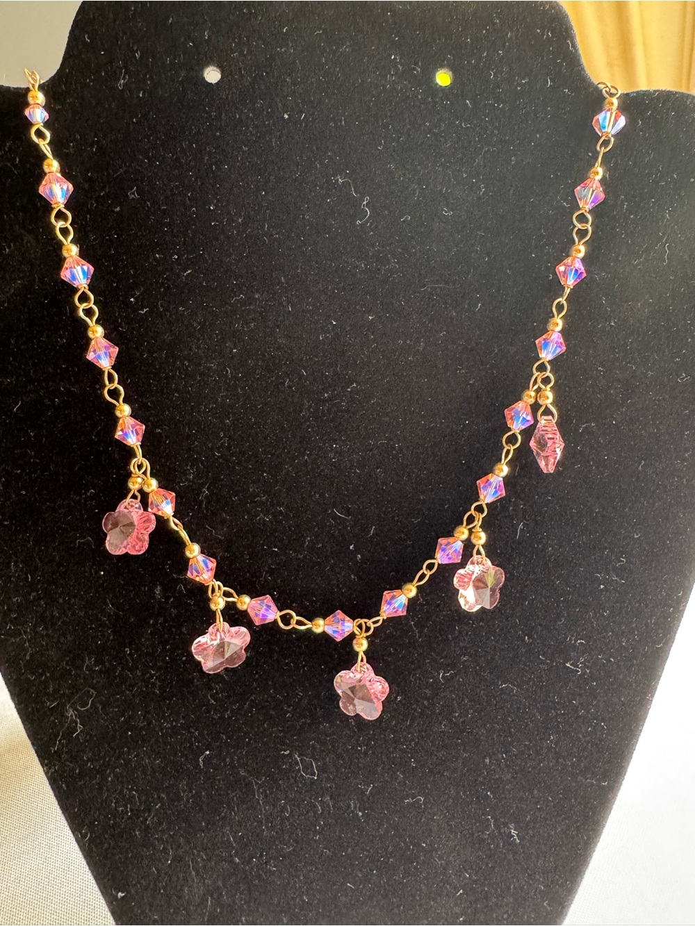 14K Gold Filled Pink Aurora Borealis Crystal Necklace - Floral Drop Design